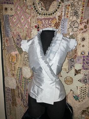 Calvin Klein Silver Satin Wrap Ruffle Cap-Sleeve Blouse